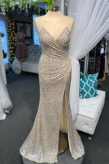 Bridesmaid Dresses Mismatched Spring, High Slit Blue Sequins Straps Mermaid Prom Dress
