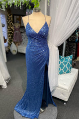 Bridesmaid Dress Neutral, High Slit Blue Sequins Straps Mermaid Prom Dress