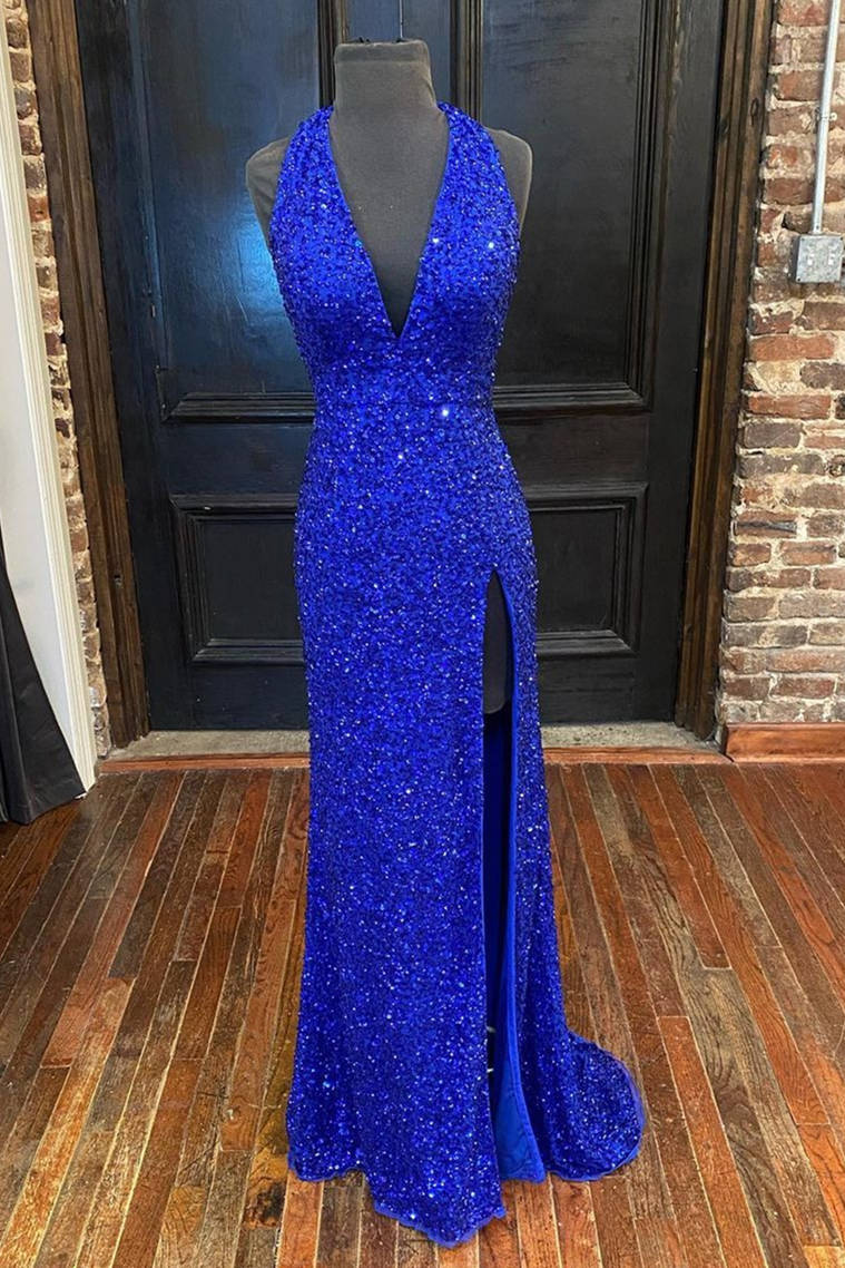 Bridesmaid Dress Affordable, Backless Royal Blue Sequins Prom Gown with Slit