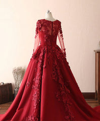 Prom Dresses Ballgown, Burgundy Lace Satin Long Prom Dress, Burgundy Lace Evening Dress