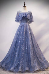 Prom Dress Under 63, Blue Tulle Sequins Long Prom Dress, A-Line Blue Evening Dress