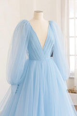 Prom Dressed Short, Blue V-Neck Tulle Long Prom Dress, Long Sleeve A-Line Evening Party Dress