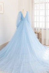 Prom Dresses Shorts, Blue V-Neck Tulle Long Prom Dress, Long Sleeve A-Line Evening Party Dress