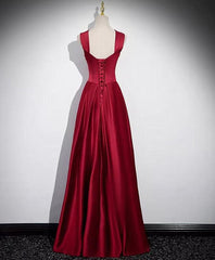 Prom Dress Styling Hair, A-Line Sleeveless Wine Red Satin Evening Dress, Wine Red Long Prom Dress