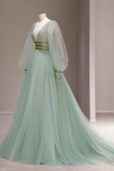 Party Dresses Europe, Green V-Neck Tulle Long Prom Dress, Long Sleeve Evening Dress