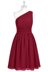 Evening Dresses Wedding, Wine Red Chiffon One-Shoulder Gathered Short Bridesmaid Dress