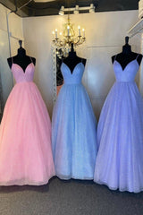 Formal Dresses Long Blue, Cute V-Neck Tulle Long Prom Dresses, A-Line Evening Dresses