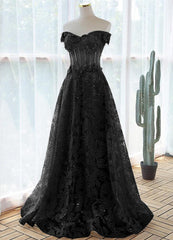 Prom Dresses Outfits Fall Casual, A-Line Off Shoulder Black Tulle With Lace Party Dress, Black Long Prom Dress