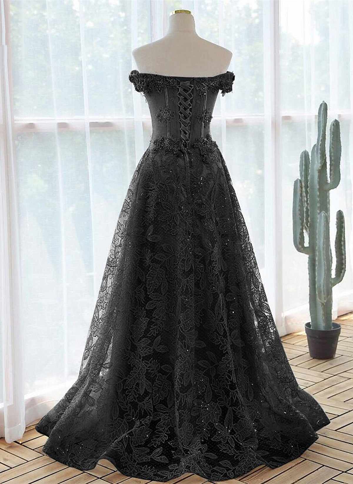 Prom Dress Silk, A-Line Off Shoulder Black Tulle With Lace Party Dress, Black Long Prom Dress