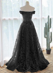 Prom Dress Silk, A-Line Off Shoulder Black Tulle With Lace Party Dress, Black Long Prom Dress