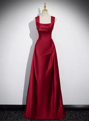 Prom Dresses Blue Light, A-Line Sleeveless Wine Red Satin Evening Dress, Wine Red Long Prom Dress