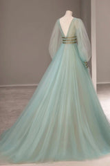 Party Dresses Summer, Green V-Neck Tulle Long Prom Dress, Long Sleeve Evening Dress