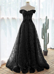 Prom Dresses Open Backs, A-Line Off Shoulder Black Tulle With Lace Party Dress, Black Long Prom Dress