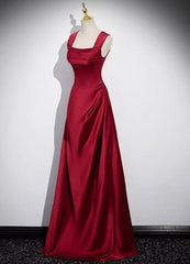 Prom Dress Fairy, A-Line Sleeveless Wine Red Satin Evening Dress, Wine Red Long Prom Dress