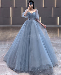 Formal Dresses Pink, Blue V Neck Tulle Sequin Long Prom Dress, Blue Tulle Formal Dress, 1