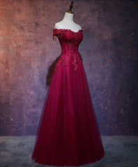 Prom Dresses Nearby, Burgundy Tulle Lace Off Shoulder Long Prom Dress, Burgundy Lace Evening Dress