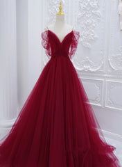 Prom Dress Emerald Green, Wine Red Tulle V-Neckline Off Shoulder With Bow, Wine Red Tulle Long Prom Dress