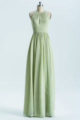 Prom Dress Long Quinceanera Dresses Tulle Formal Evening Gowns, Sage Green Chiffon High Neck Long Bridesmaid Dress