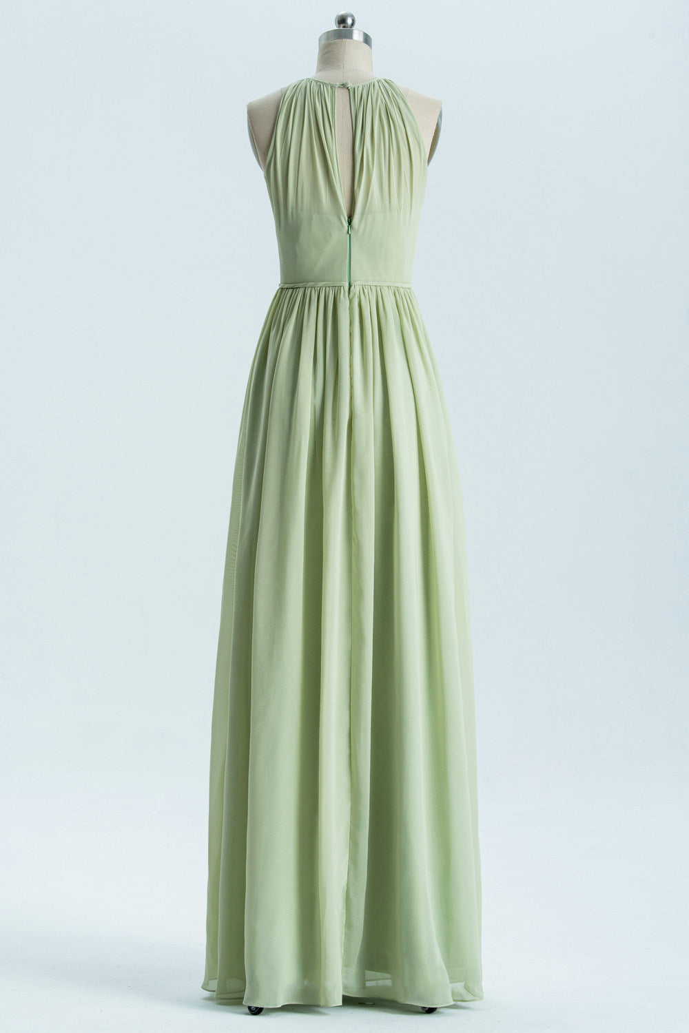 Prom Dresse Backless, Sage Green Chiffon High Neck Long Bridesmaid Dress