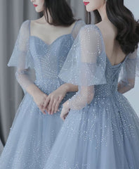 Formal Dress Short, Blue V Neck Tulle Sequin Long Prom Dress, Blue Tulle Formal Dress, 1
