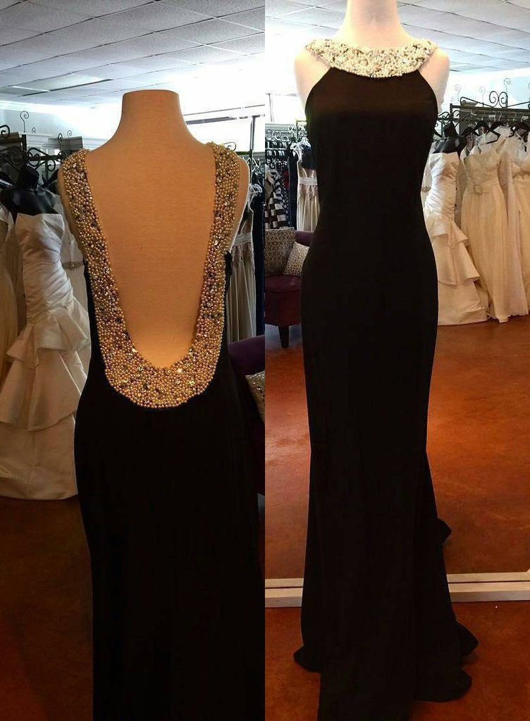 Floral Bridesmaid Dress, Backless Sleeveless Natural Beading Column/Sheath 2024 Junoesque Black Prom Dresses