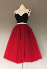 Party Dress Design, Red And Black Two Pieces Tulle Sweetheart Spaghetti Straps Short Prom Dresses