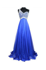 Party Dress Shopping, Cheap A Line Royal Blue Chiffon One Shoulder Beaded Prom Dresses