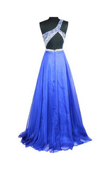 Party Dress Shop, Cheap A Line Royal Blue Chiffon One Shoulder Beaded Prom Dresses