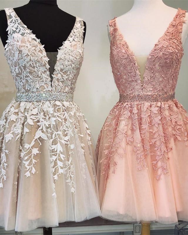 Party Dresses Near Me, New Arrival A Line V Neck Knee Length Beaded Short Prom Dresses