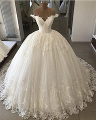 Wedding Dresses Laced Sleeves, Luxury Sweetheart Off Shoulder Long Lace Ball Dresses