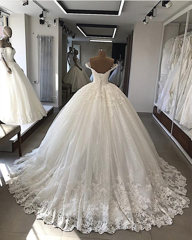 Wedding Dresses Lace Sleeves, Luxury Sweetheart Off Shoulder Long Lace Ball Dresses