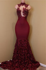 Party Dresses Styles, 2024 New Arrival Mermaid Burgundy High Neck Rose Ruffles Sleeveless Long African American Prom Dress