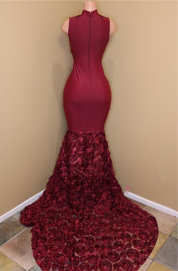 Party Dress Hair Style, 2024 New Arrival Mermaid Burgundy High Neck Rose Ruffles Sleeveless Long African American Prom Dress