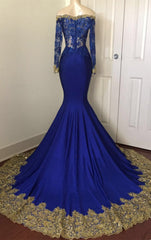 Spring Wedding Color, 2024 Sexy Mermaid Royal Blue And Gold Appliques Long Sleeves V Neck Off Shoulder Prom Dress