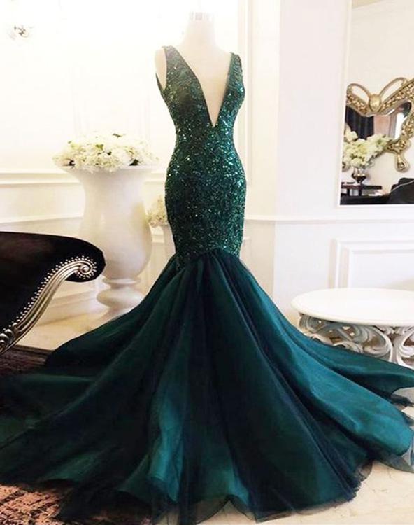 Party Dresses Style, 2024 Unique Dark-Green Sequins Beaded V Neck Sleeveless Tulle Mermaid/Trumpet Prom Dresses