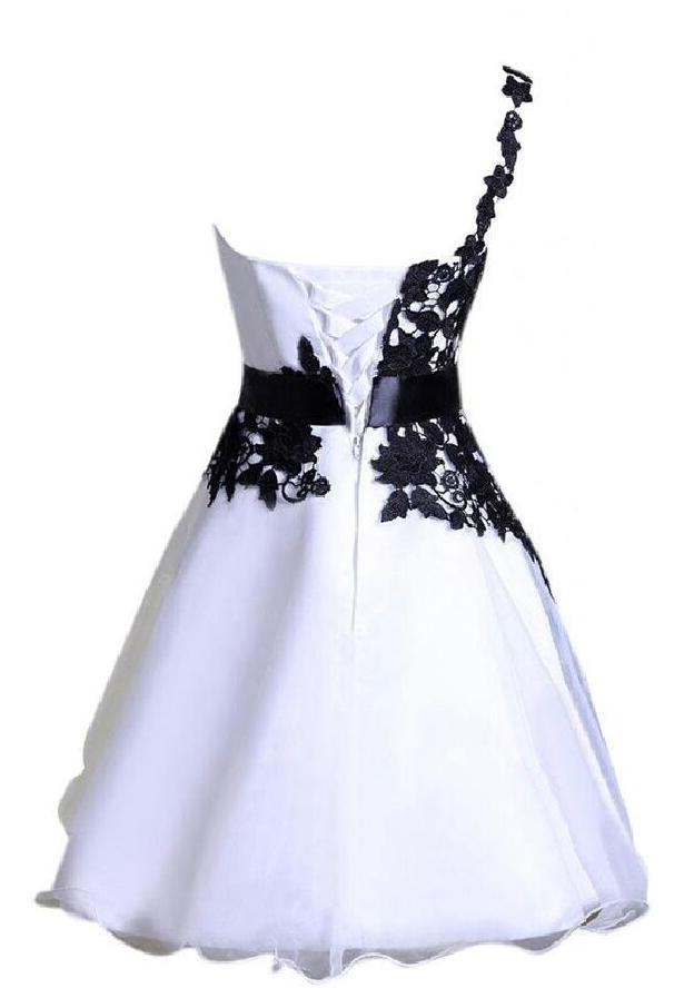 Party Dress Fancy, A Line One Shoulder Lace Up White Satin Appliques Flowers Homecoming Dresses