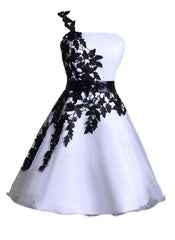 Party Dress Shop Near Me, A Line One Shoulder Lace Up White Satin Appliques Flowers Homecoming Dresses