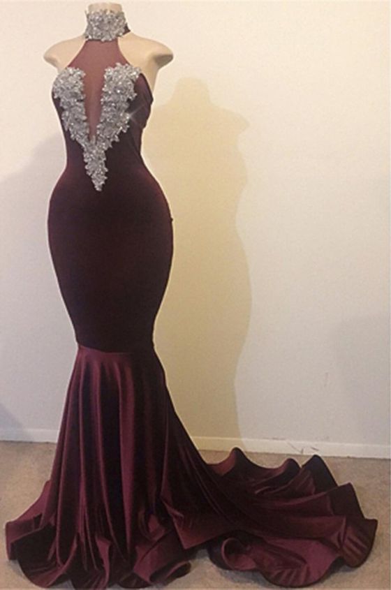 Bridesmaid Dress Fall Wedding, 2024 New Arrival High Neck Grape Beaded Mermaid Prom Dresses