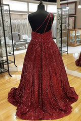 Evening Dress Shops, Wine Red Sequin One-Shoulder Ball Gown