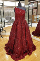 Evening Dress Near Me, Wine Red Sequin One-Shoulder Ball Gown