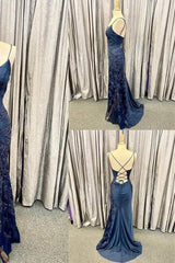 Bridesmaids Dresses Uk, Elegant Navy Blue Long Prom Dress with Lace Appliques