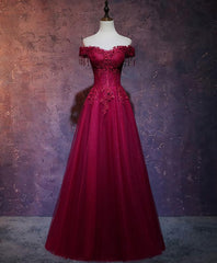 Prom Dresses For Teen, Burgundy Tulle Lace Off Shoulder Long Prom Dress, Burgundy Lace Evening Dress