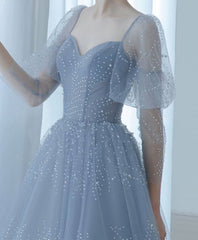 Formal Dresses Elegant Classy, Blue V Neck Tulle Sequin Long Prom Dress, Blue Tulle Formal Dress, 1