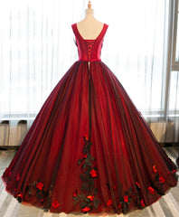 Prom Dresses Princess Style, Burgundy Round Neck Tulle Lace Applique Long Prom Dress, Burgundy Evening Dress