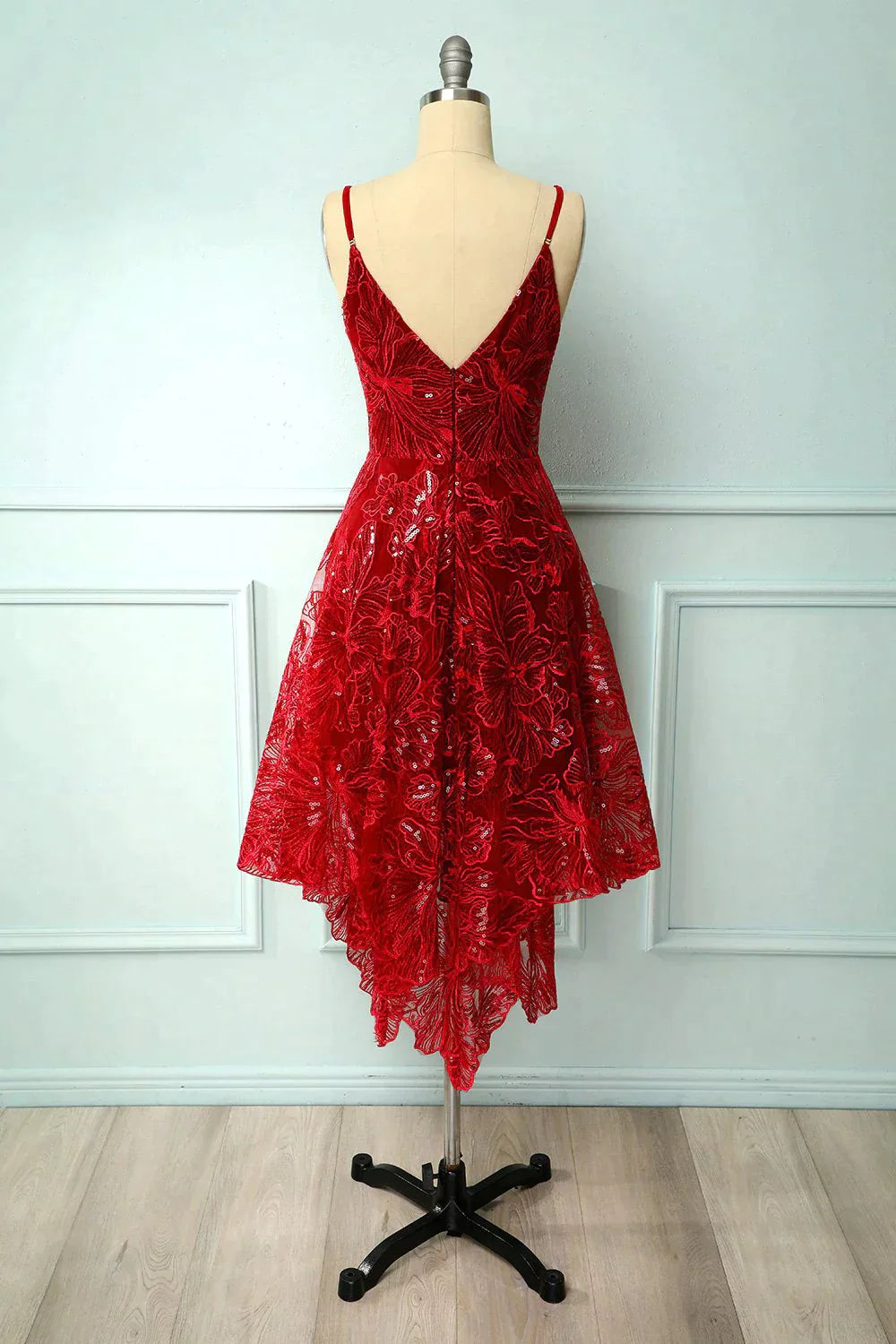 Prom Dresses Sites, Burgundy Lace V-Neck Short Prom Dress, A-Line Irregular Hem Party Dress