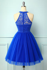 Evening Dresses Gold, Halter Royal Blue Lace Dress