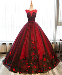 Prom Dress Size 30, Burgundy Round Neck Tulle Lace Applique Long Prom Dress, Burgundy Evening Dress