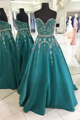 Sparklie Prom Dress, Green A Line Floor Length Sweetheart Sleeveless Beading Prom Dresses