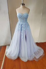 Beach Dress, Blue Strapless Lace Long A-Line Prom Dress, Blue Evening Party Dress