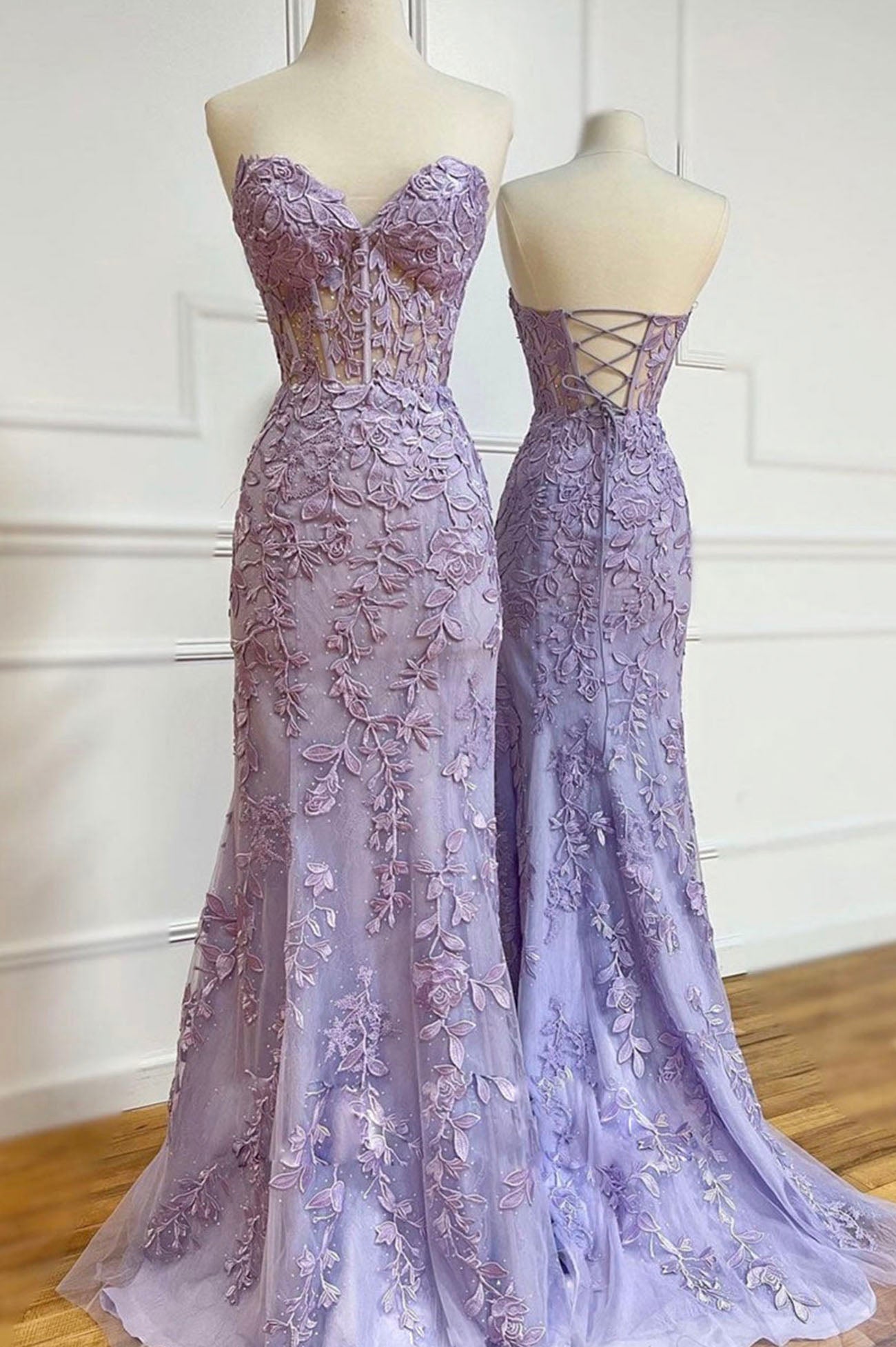 Bridesmaid Dressing Gown, Purple Lace Long Prom Dresses, Mermaid Strapless Evening Dresses